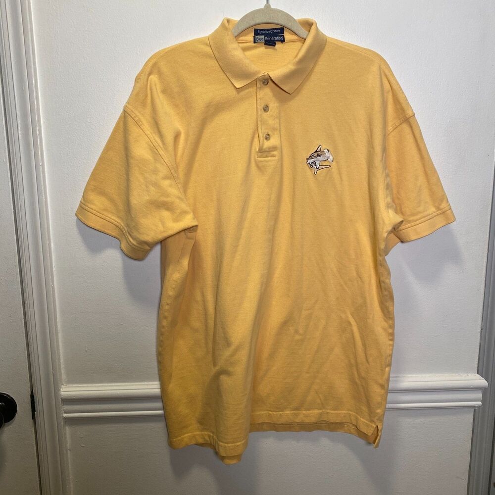 Retro Yellow Polo Shirt Blue Generation Egyptian Cotton Embroidered Shark Logo